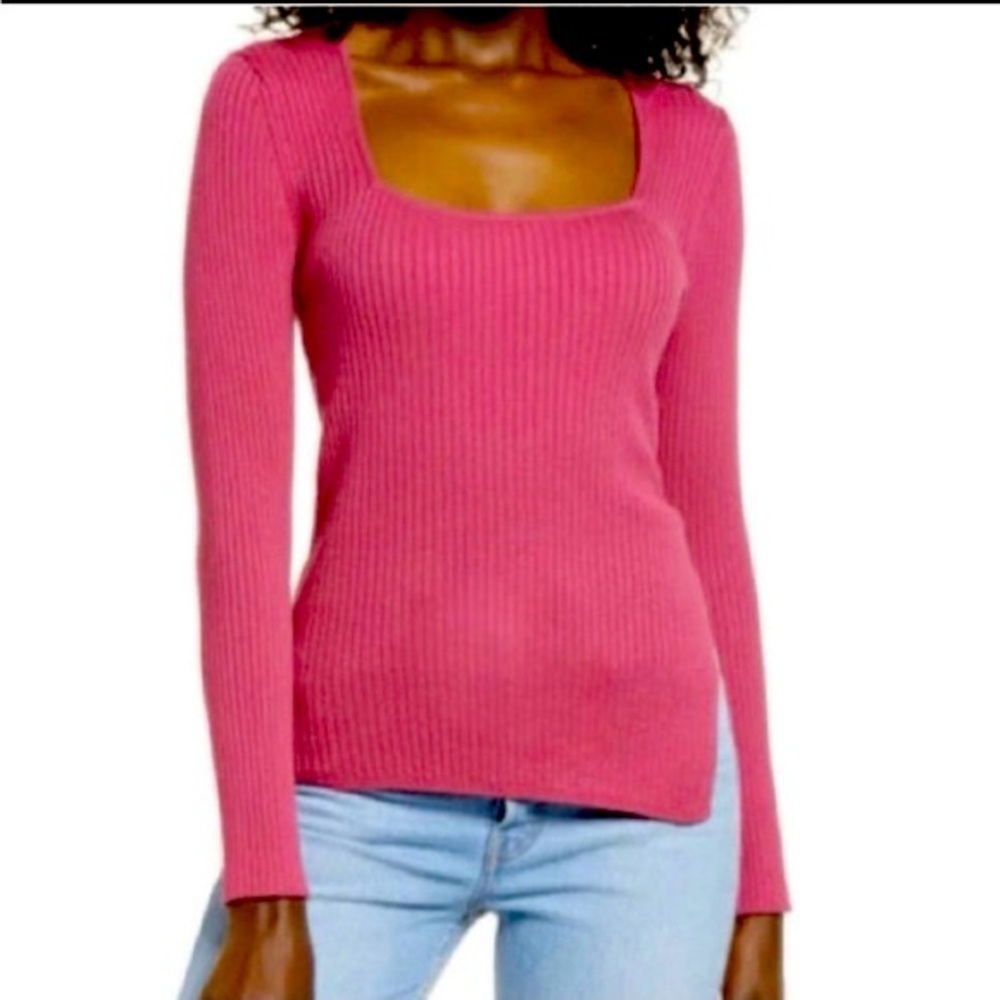 Open Edit Ribbed Sweater Size Small Pink Square Neck Spring Easter Asymmetrical
